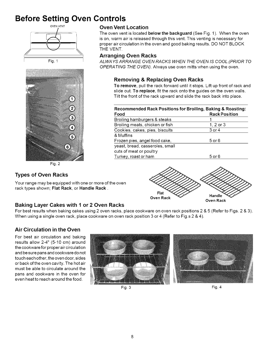 Kenmore 790.7853 Before Setting Oven Controls, Location, Removing & Replacing Oven Racks, Air Circulation in the Oven 