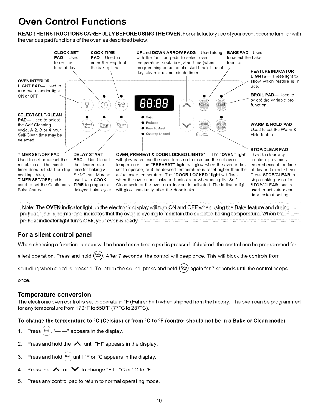 Kenmore 790.7867, 790.7871, 790.7868, 790.7869 Oven Control Functions, For a silent control panel, Temperature conversion 