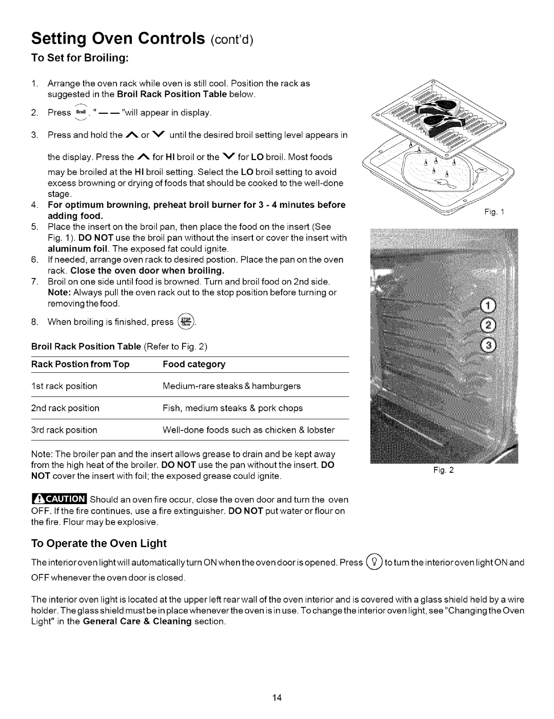 Kenmore 790.7871, 790.7868, 790.7869, 790.7867, 790.7876 manual To Set for Broiling, To Operate the Oven Light, Food category 