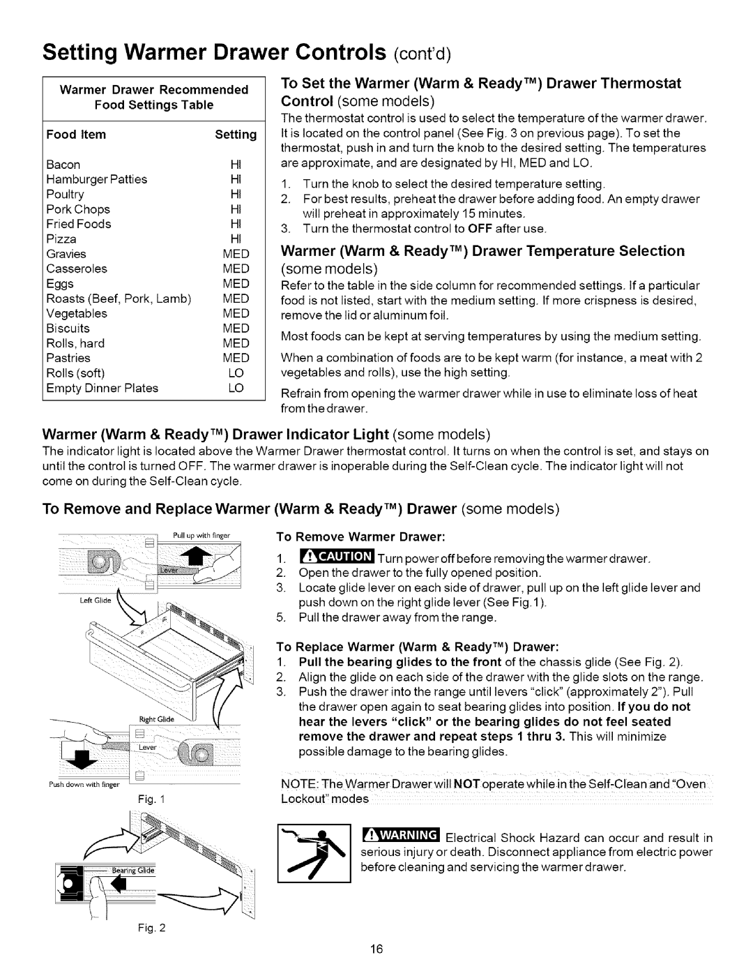 Kenmore 790.7869, 790.7871 Setting Warmer Drawer Controls contd, Warmer Warm & Ready TM Drawer Indicator Light some models 