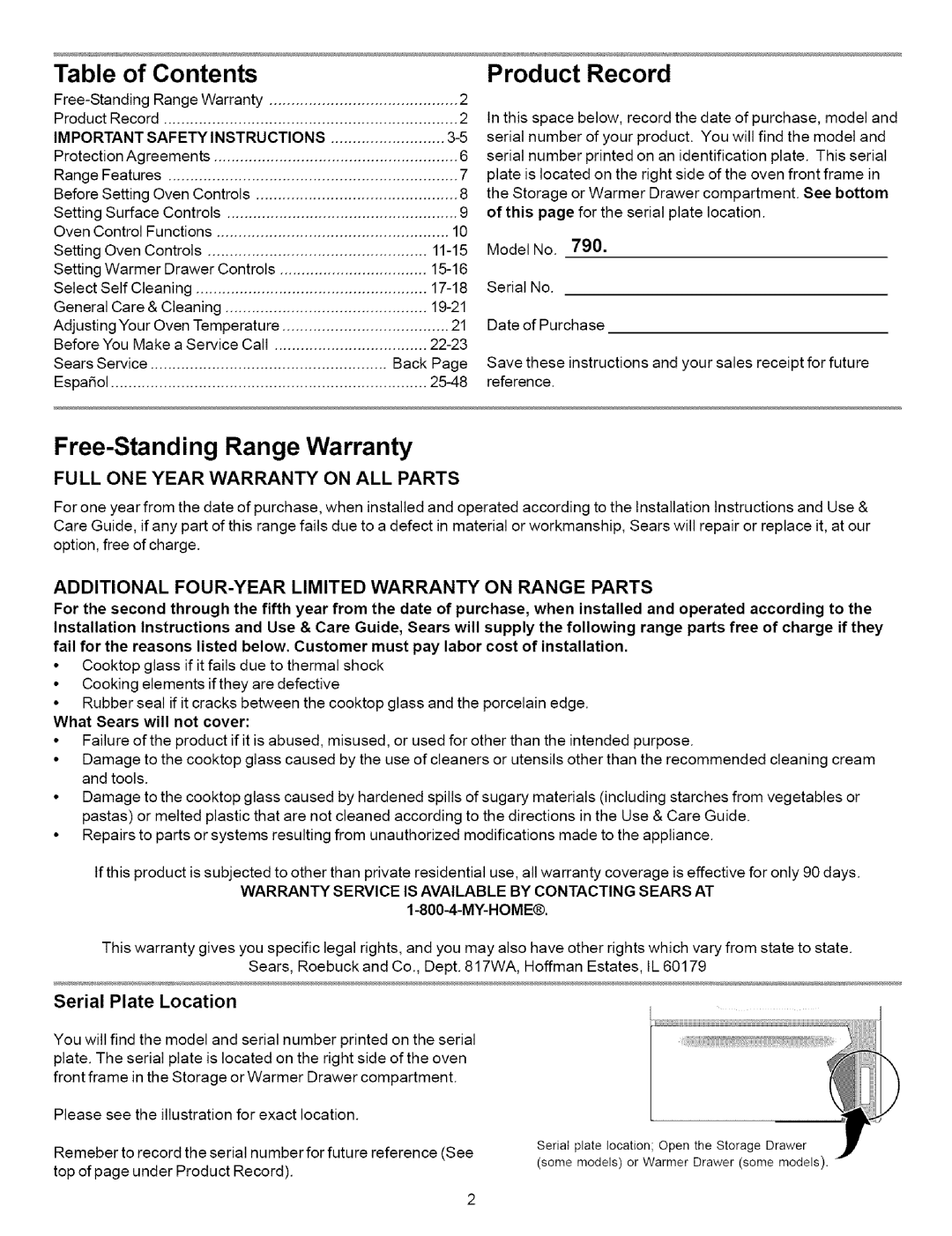 Kenmore 790.7869, 790.7871 manual Full ONE Year Warranty on ALL Parts, Additional FOUR-YEAR Limited Warranty on Range Parts 