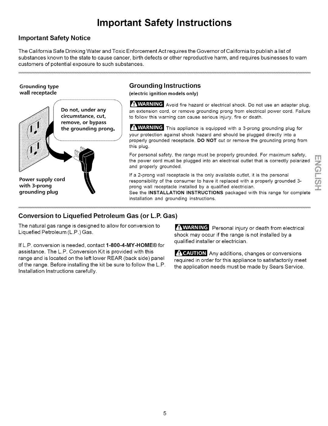 Kenmore 790.7873 manual Important Safety Notice, Grounding Instructions, Conversion to Liquefied Petroleum Gas or L.P. Gas 