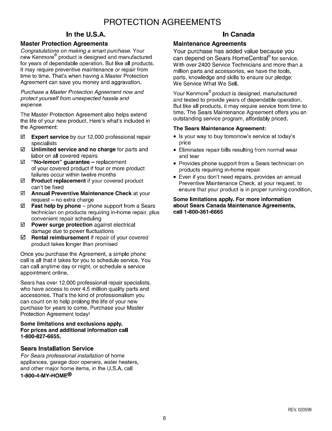 Kenmore 790.7872, 790.7871 manual U.S.A, Master Protection Agreements, Sears Installation Service, Maintenance Agreements 