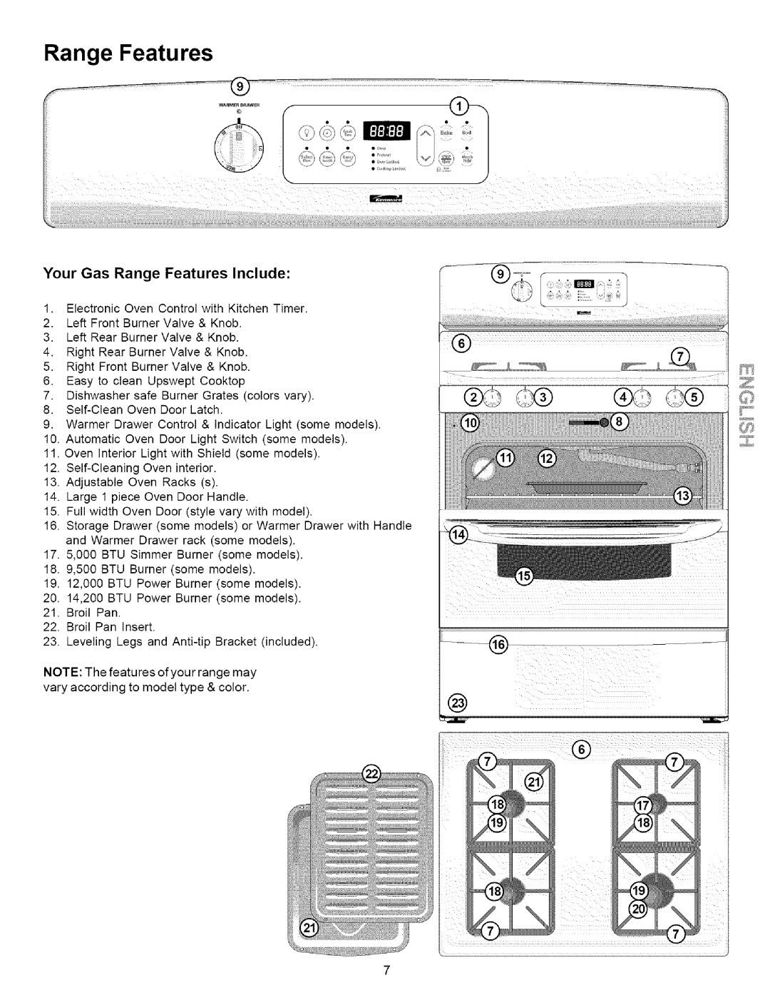 Kenmore 790.7871, 790.7868, 790.7869, 790.7867, 790.7876, 790.7873, 790.7872 manual Your Gas Range Features Include 