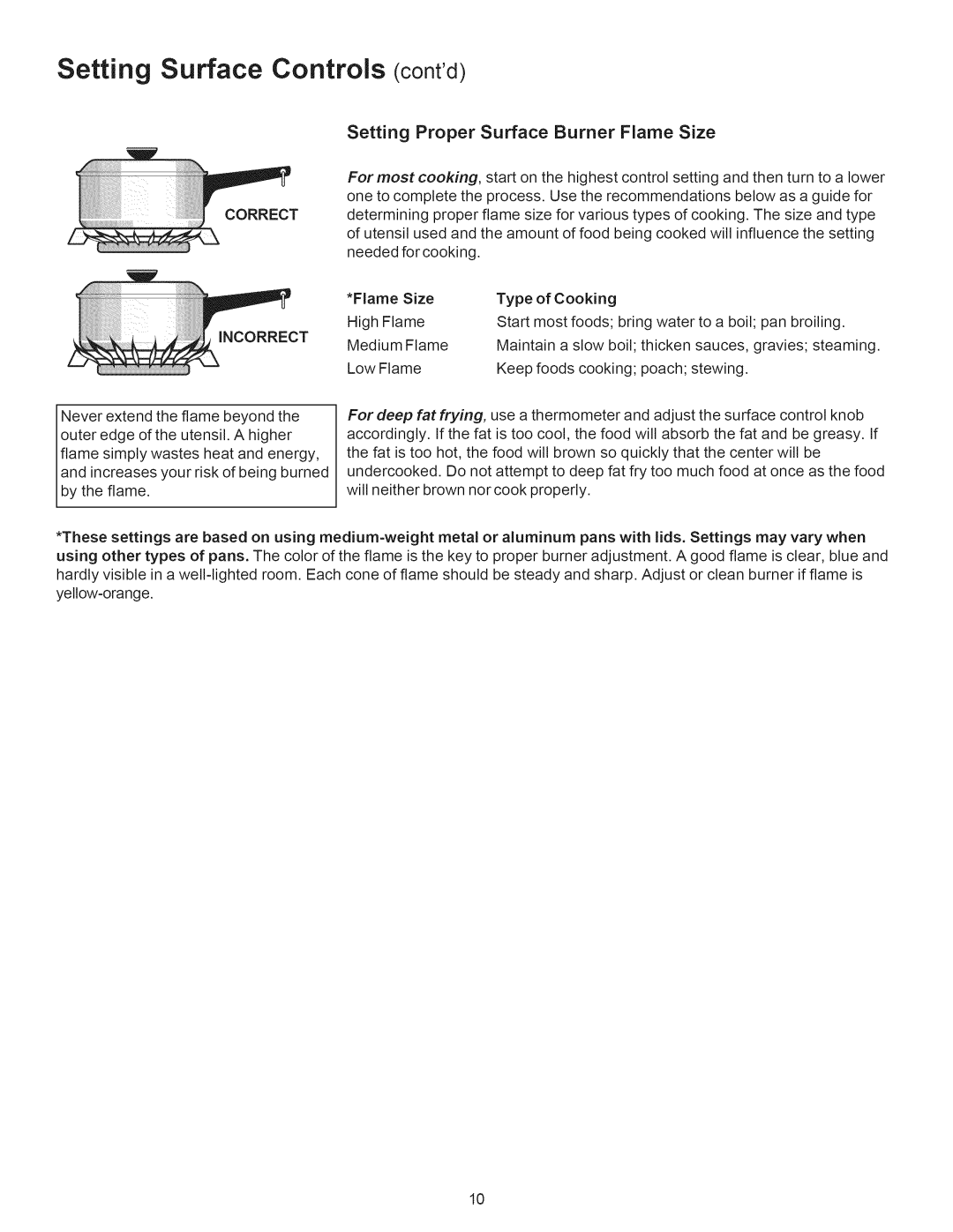 Kenmore 790.7889, 790.7888 manual Setting Surface Controls contd, Setting Proper Surface Burner Flame Size 