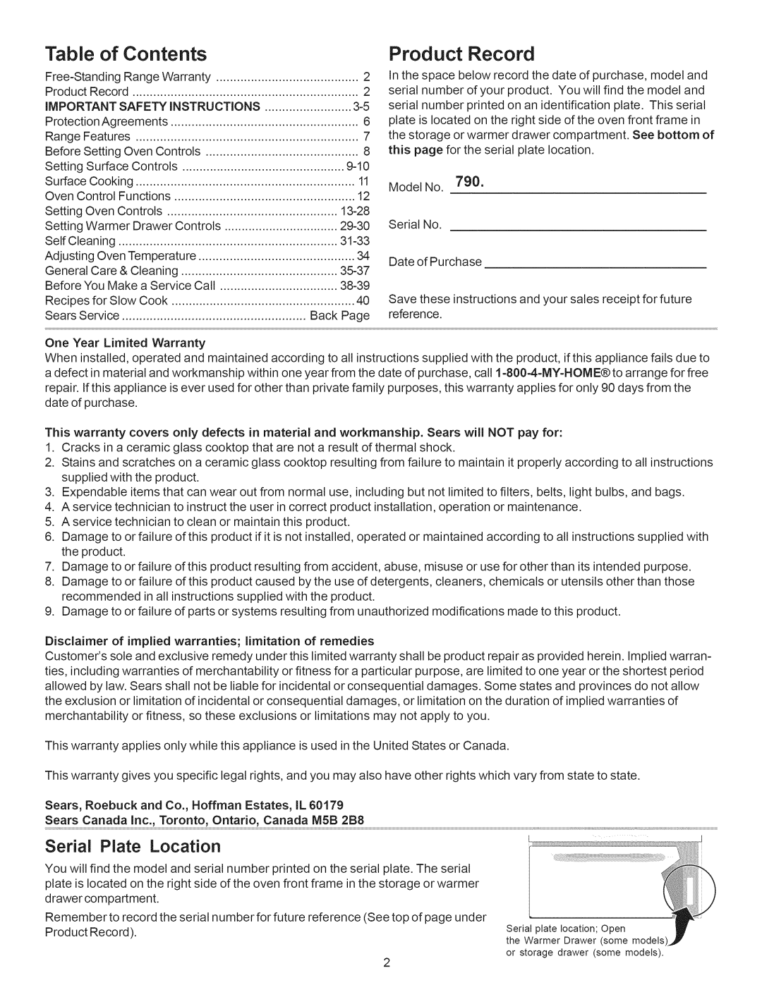 Kenmore 790.7889, 790.7888 manual Contents Product Record 