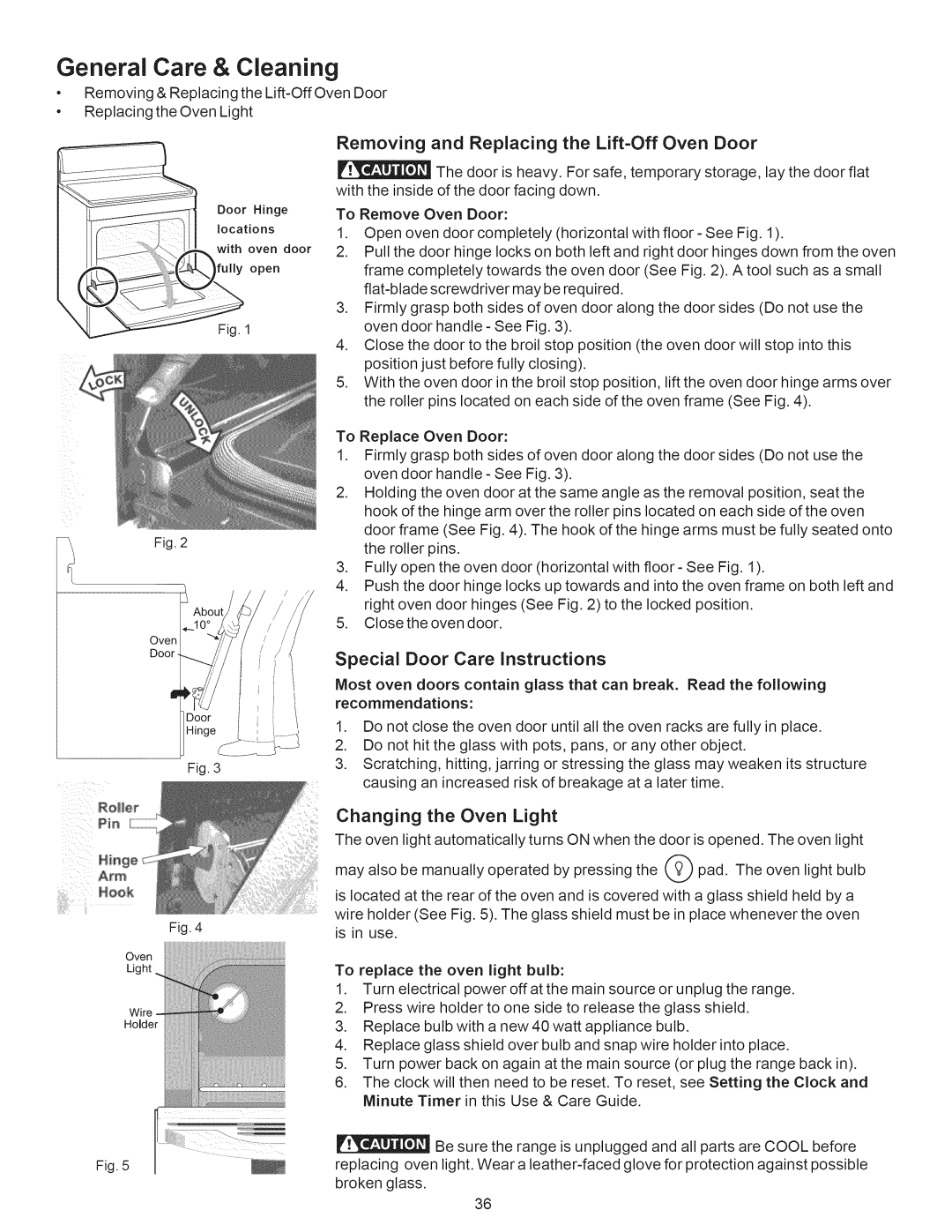 Kenmore 790.7889 Removing and Replacing the Lift-OffOven Door, Special Door Care Instructions, Changing the Oven Light 