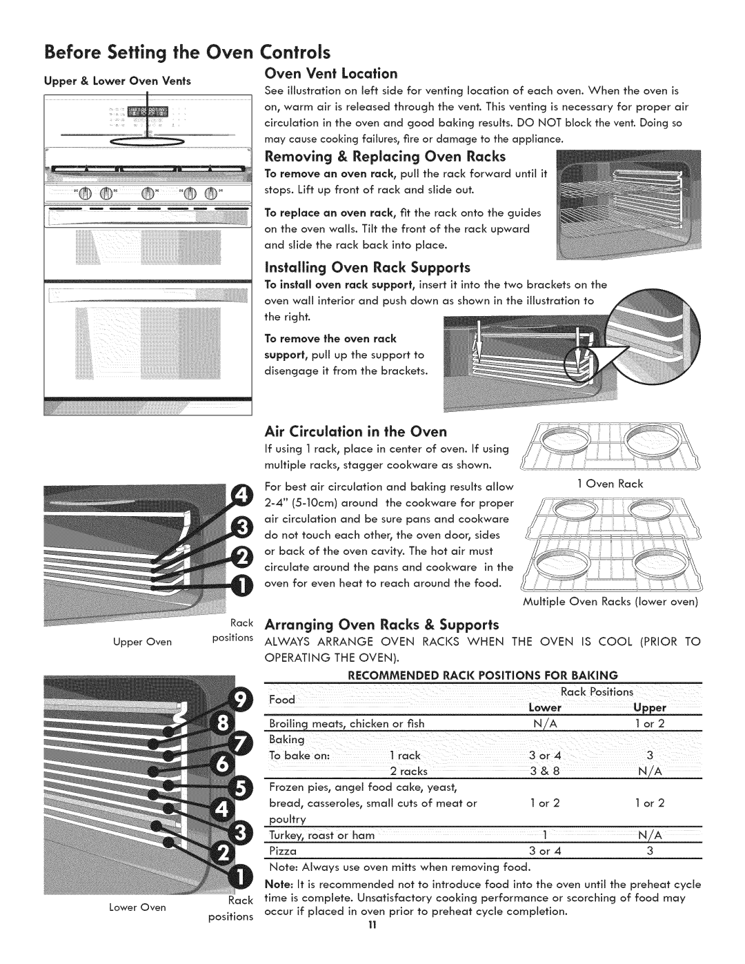 Kenmore 790.7890, 790.7892 Oven Vent Location, Rack Supports, Air Circulation in the Oven, Arranging Oven Racks & Supports 