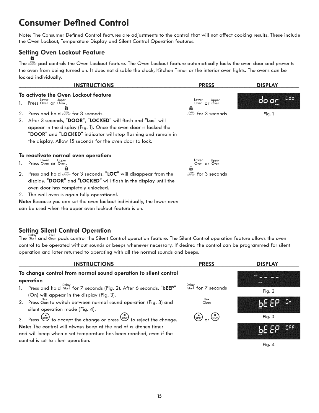 Kenmore 790.7890, 790.7892 manual Consumer Defined Control, Setting Oven Lockout Feature, Setting Silent Control Operation 