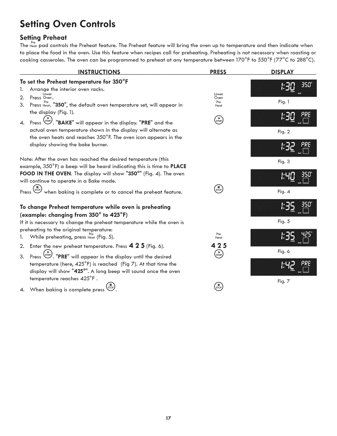 Kenmore 790.7890, 790.7892 manual Setting Oven Controls, Seffing Preheat, To set the Preheat temperature for 350F 