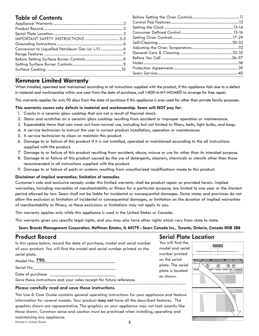 Kenmore 790.7892, 790.7890 manual Contents 