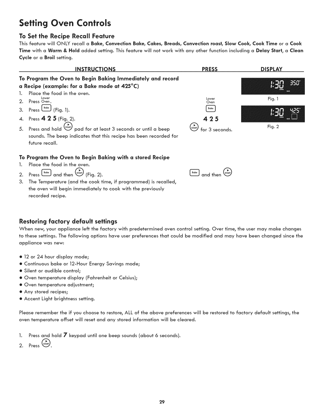 Kenmore 790.7890, 790.7892 manual To Set the Recipe Recall Feature, Settings 