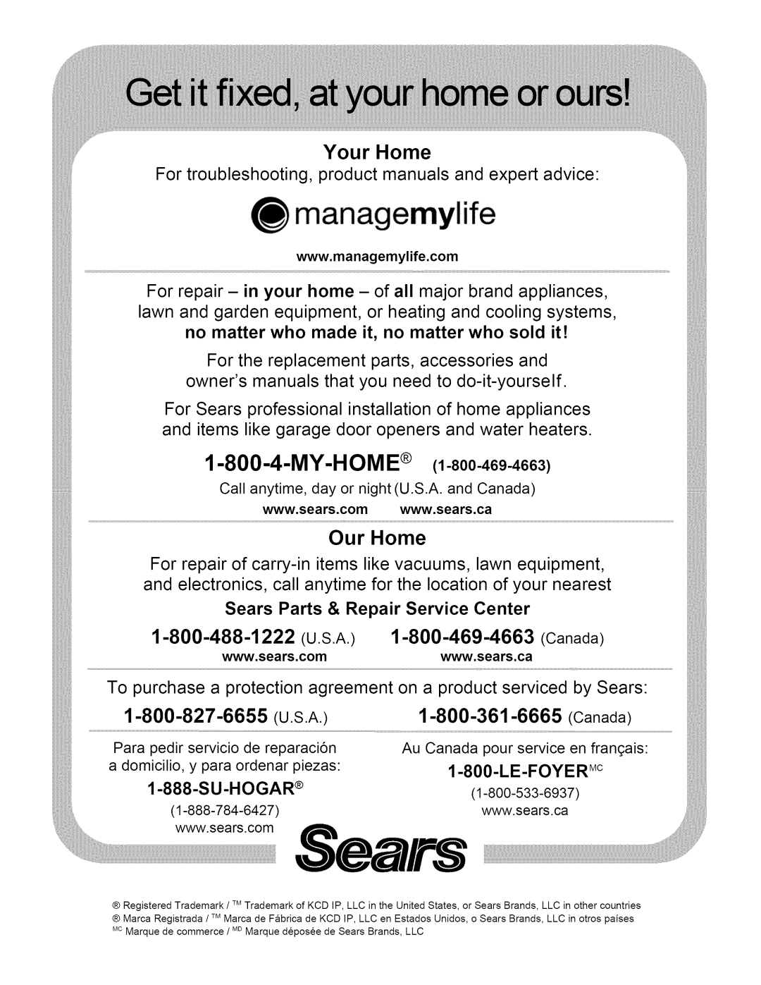 Kenmore 790.7892, 790.7890 manual Your Home, Our Home, Www,sears,com www,sears,ca 