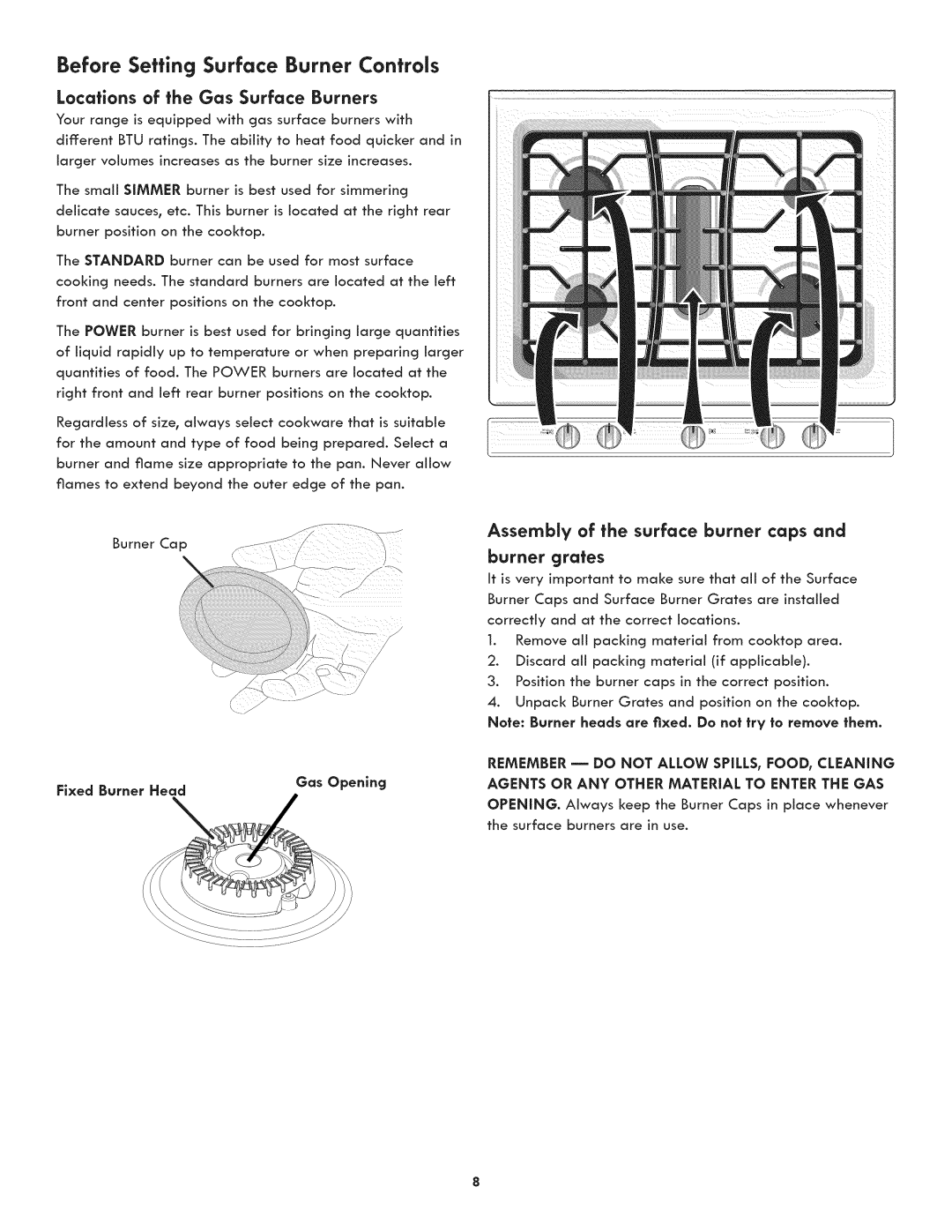 Kenmore 790.7892, 790.7890 manual Locations of the Gas Surface Burners, Burner grates, Fixed Burner Head Gas Opening 