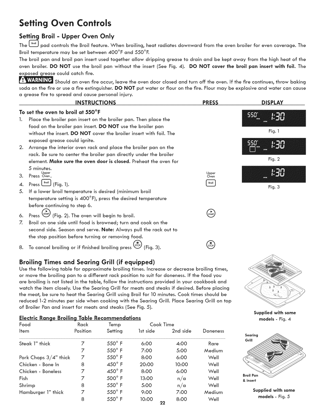 Kenmore 790.7892 Setting Oven Controls, iNSTRUCTiONS, Pressdisplay, Electric Range Broiling Table Recommendations, 5:00 