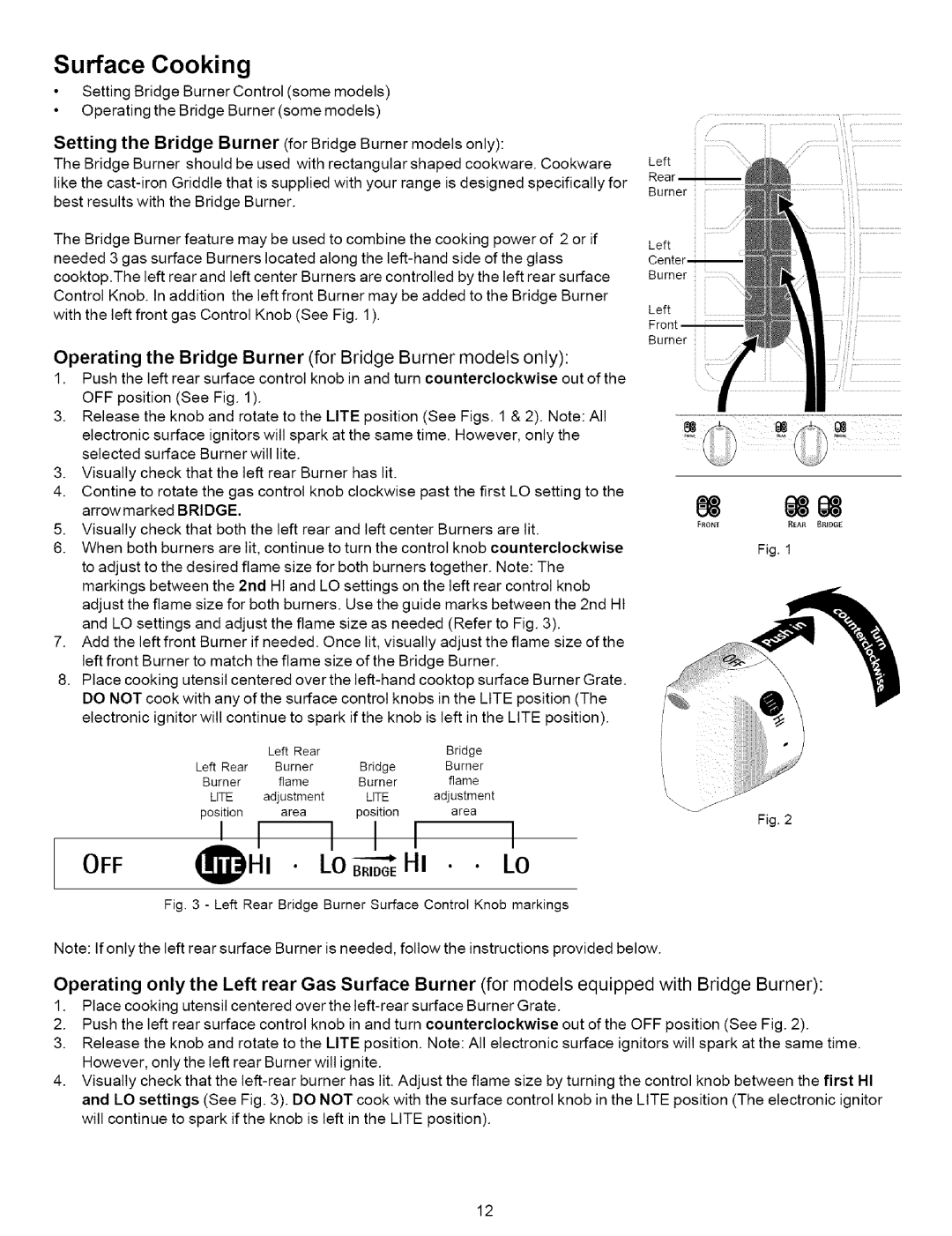 Kenmore 790.7937, 790.7936 manual Fig2, Operating the Bridge Burner for Bridge Burner models only 