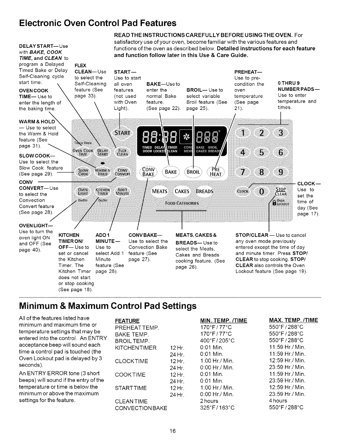 Kenmore 790.7937, 790.7936 manual Electronic Oven Control Pad Features, Minimum & Maximum, Control Pad Settings 