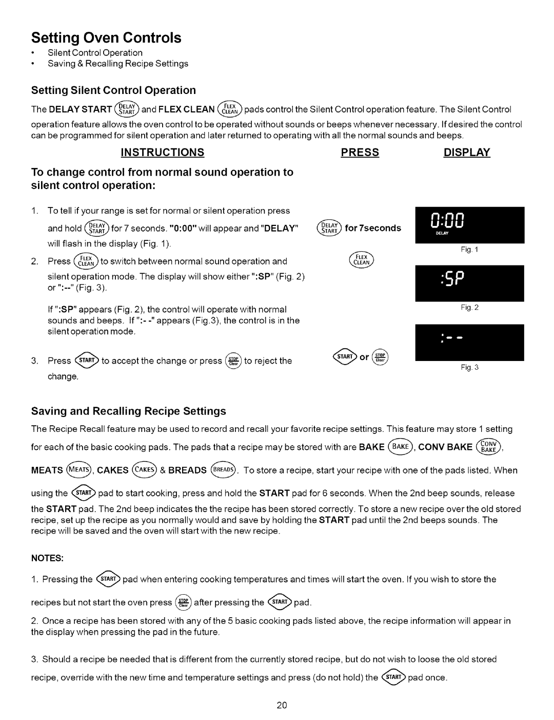 Kenmore 790.7937, 790.7936 manual Setting Silent Control Operation, Saving and Recalling Recipe Settings, For 7seconds 