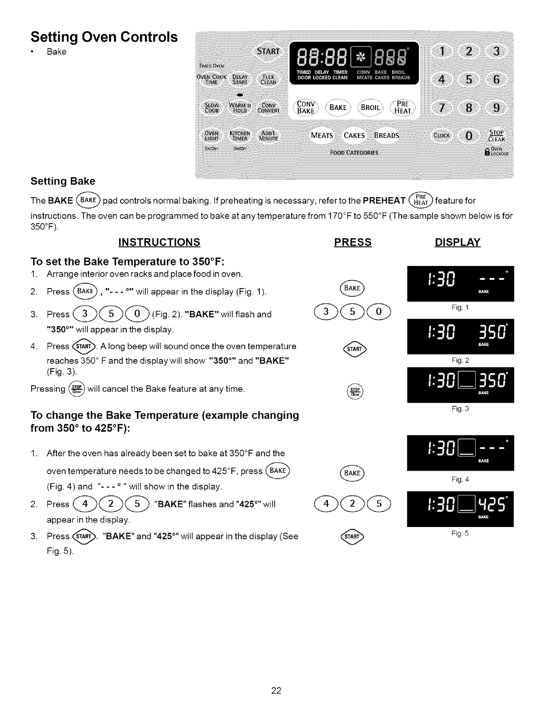 Kenmore 790.7937, 790.7936 manual Setting Bake, Instructions, To set the Bake Temperature to 350F 