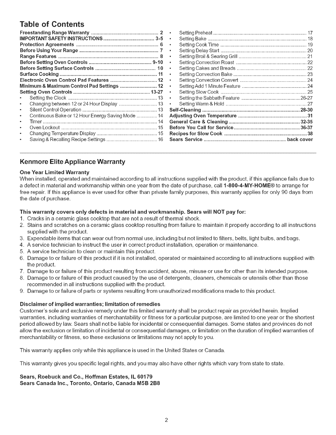 Kenmore 790.7943 manual Table of Contents 