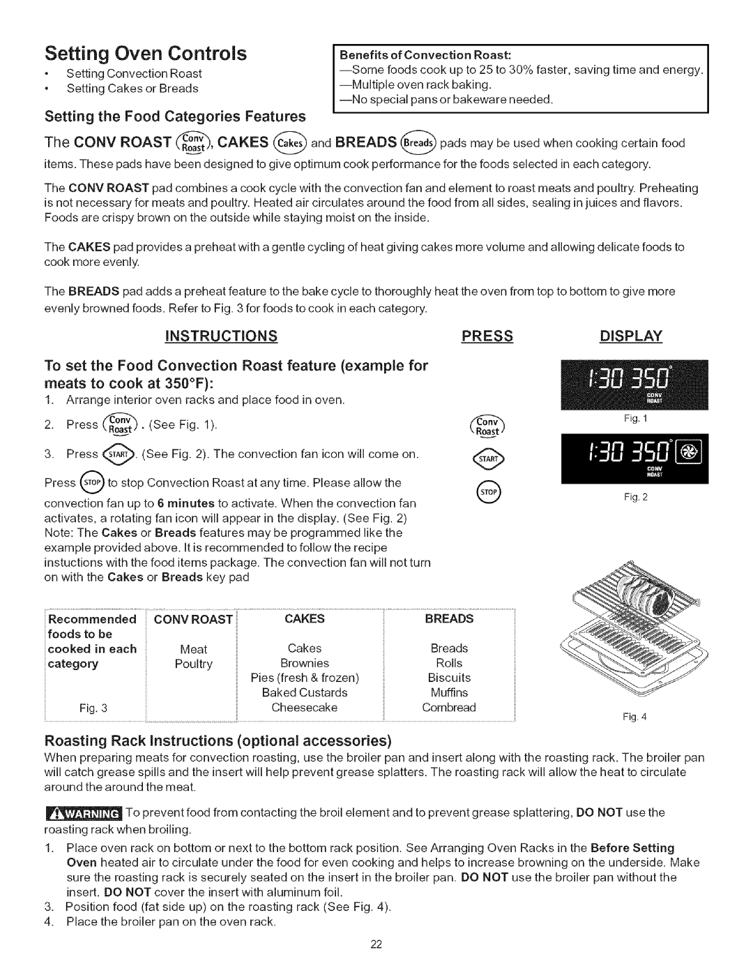 Kenmore 790.7943 manual Setting the Food Categories Features Conv Roast, Breads ad, Instructions 