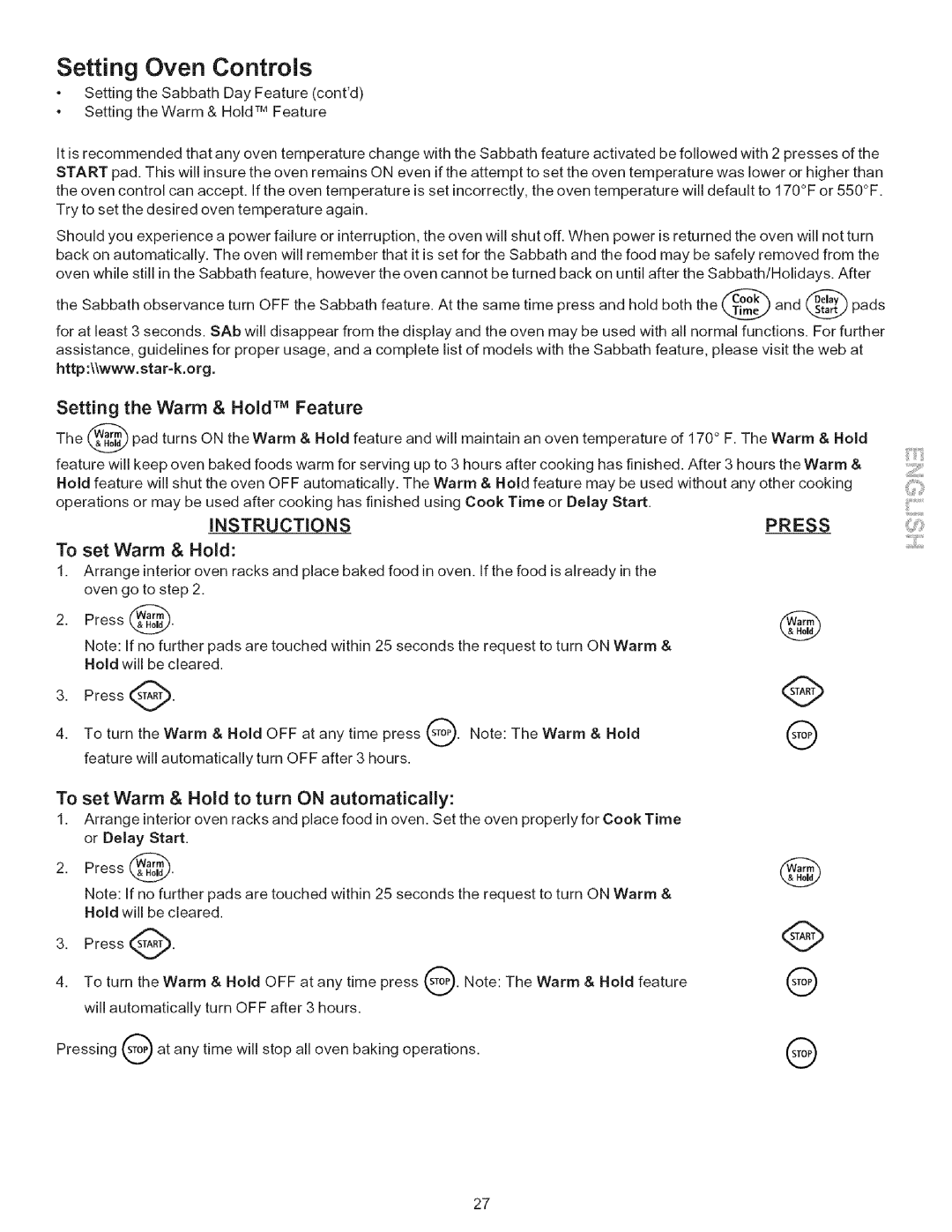 Kenmore 790.7943 manual Setting the Warm & Hold TM Feature, To set Warm & Hold, To set Warm & Hod to turn on automaticaly 