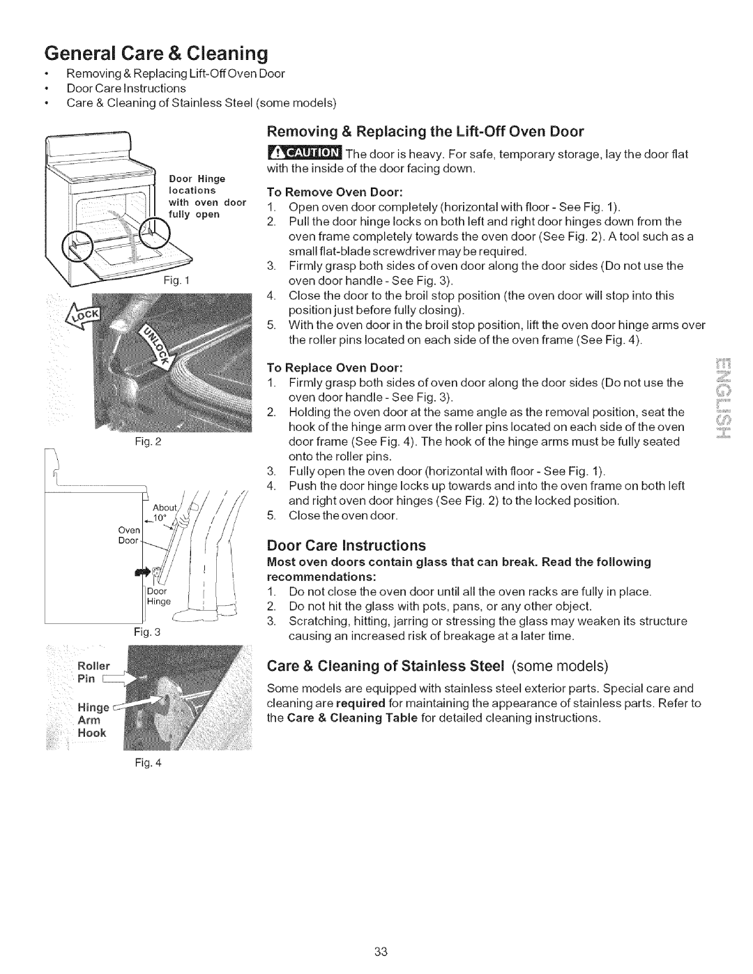 Kenmore 790.7943 General Care & Cleaning, Removing & Replacing the Lift=Off Oven Door, Locations, Door Care Instructions 