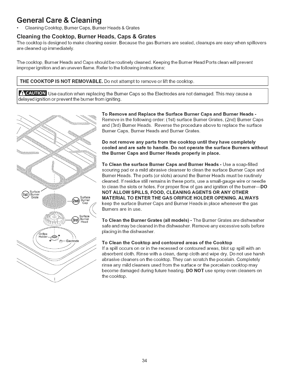 Kenmore 790.7943 manual General Care & Cleaning, Cleaning the Cooktop, Burner Heads, Caps & Grates 