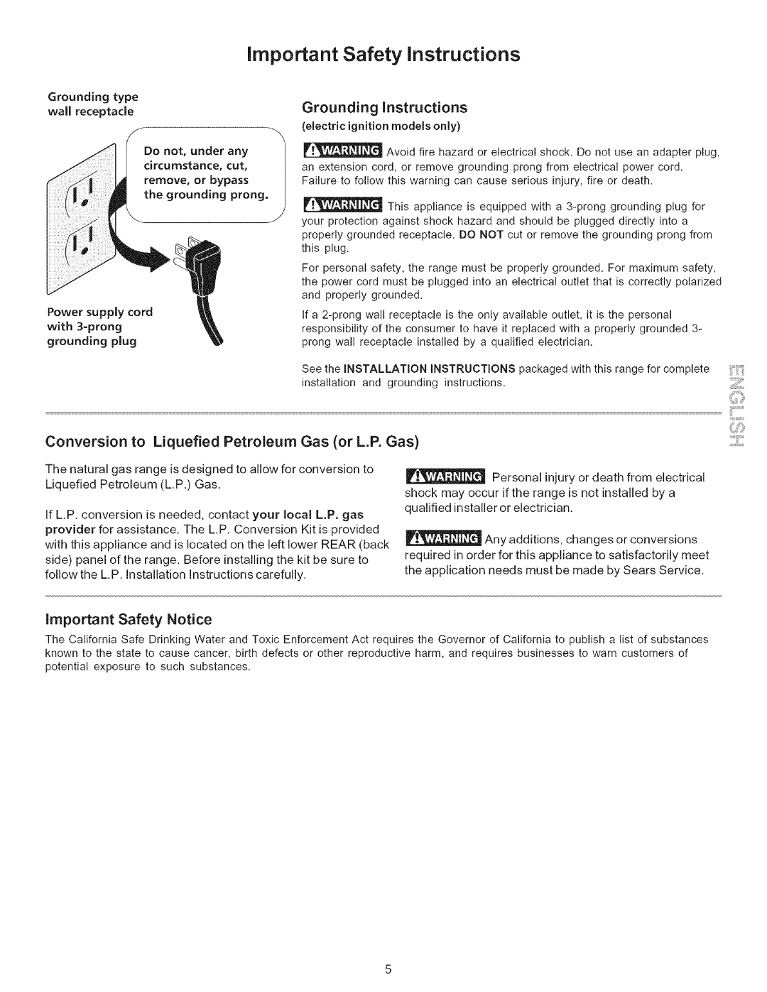 Kenmore 790.7943 manual Grounding Instructions, Conversion to Liquefied Petroleum Gas or L.P. Gas, Important Safety Notice 