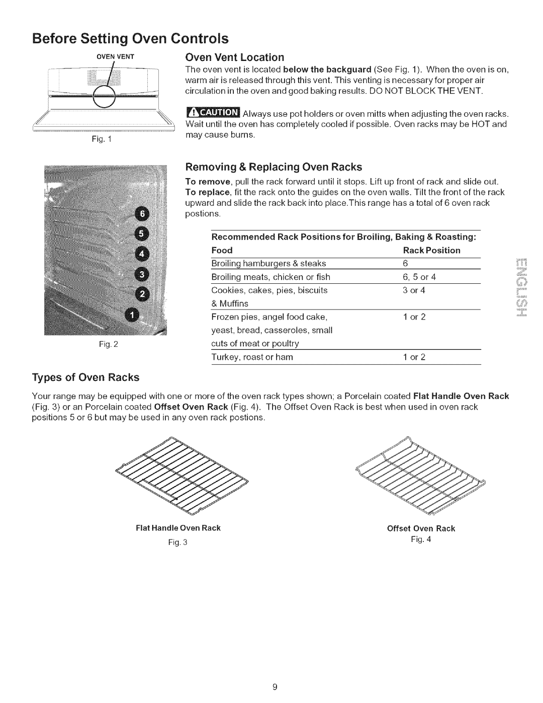 Kenmore 790.7943 Before Setting Oven Controls, Oven Vent Location, Removing Replacing Oven Racks, Types of Oven Racks 