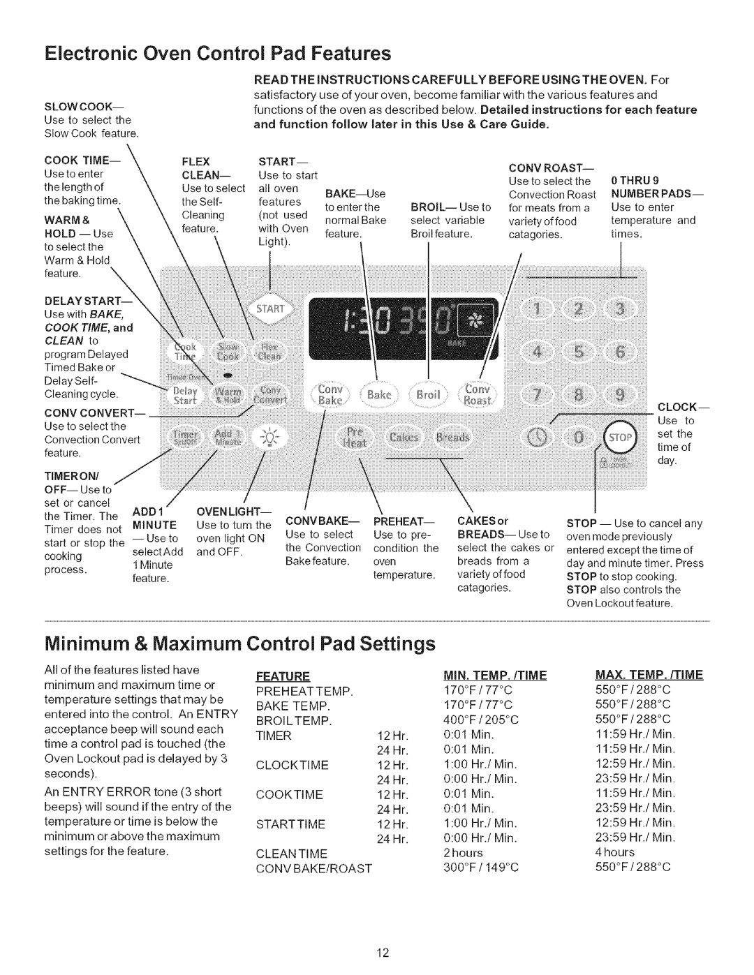 Kenmore 790.7943 manual Electronic Oven Control Pad Features, Minimum & Maximum, Control Pad Settings, Min. Temp./Time 