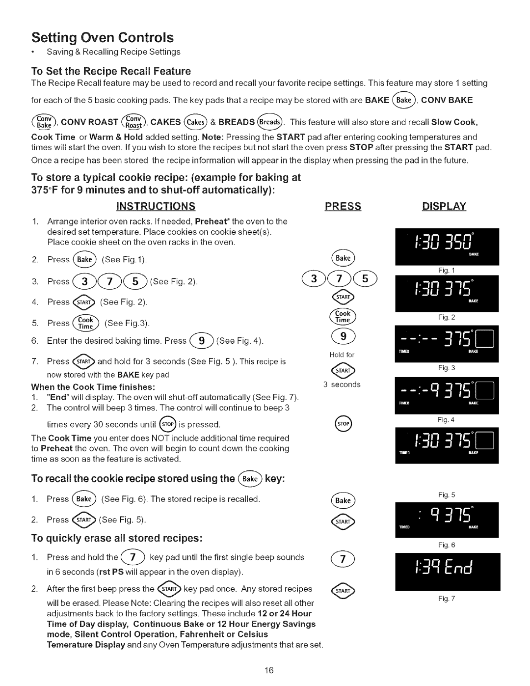 Kenmore 790.7943 manual Setting Oven Controls, To Set the Recipe Recall Feature, Instructions, Press, Display 