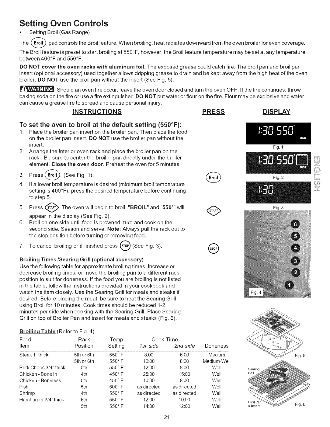 Kenmore 790.7943 manual Setting Oven Controls, Instructionspress, Display, Broiling Times/Searing Grill optional accessory 