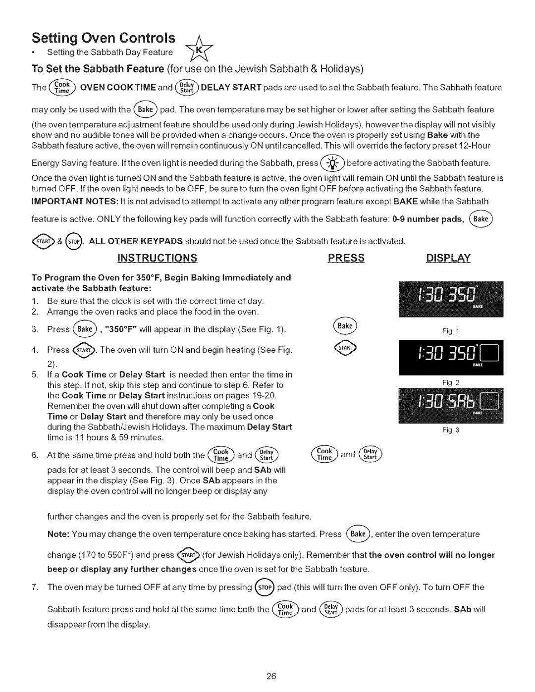 Kenmore 790.7943 manual Instructions, Press, Display, Setting theOvenSabbathControlsDay Feature 