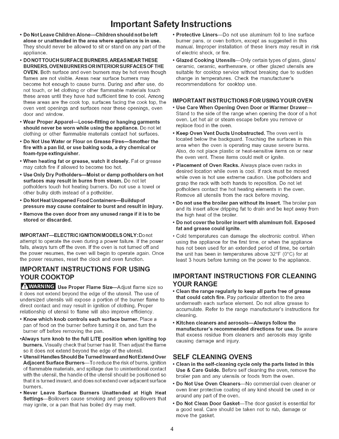 Kenmore 790.7943 manual important Safety instructions, Important Instructions For Using Your Cooktop, Your Range 