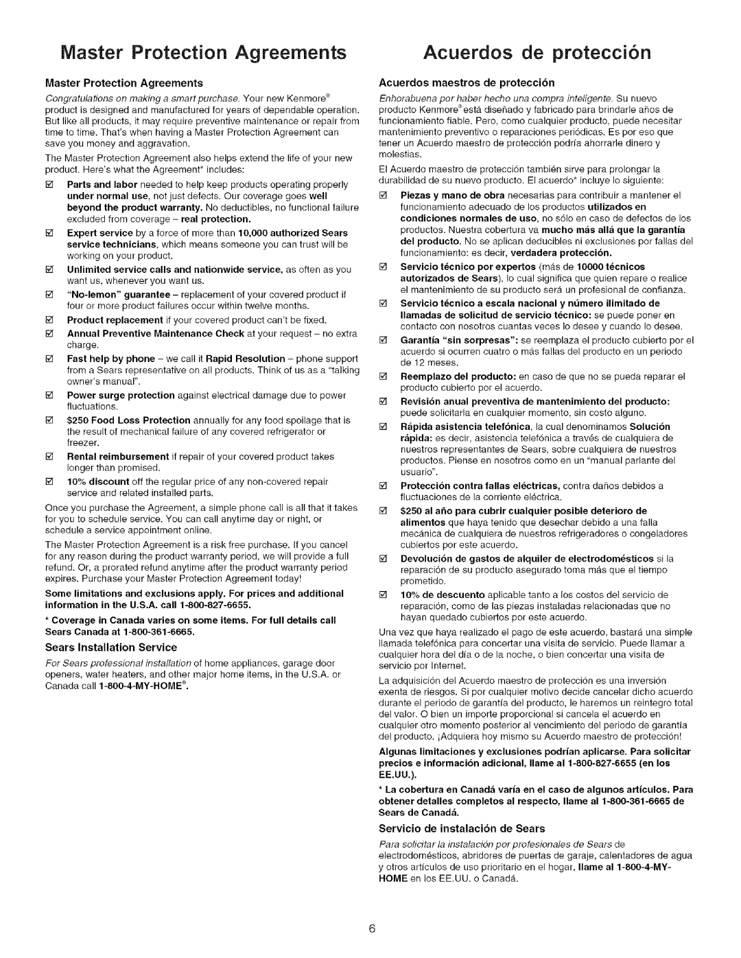 Kenmore 790.7943 manual Master Protection Agreements, Acuerdos de protecci6n, Sears Installation Service 