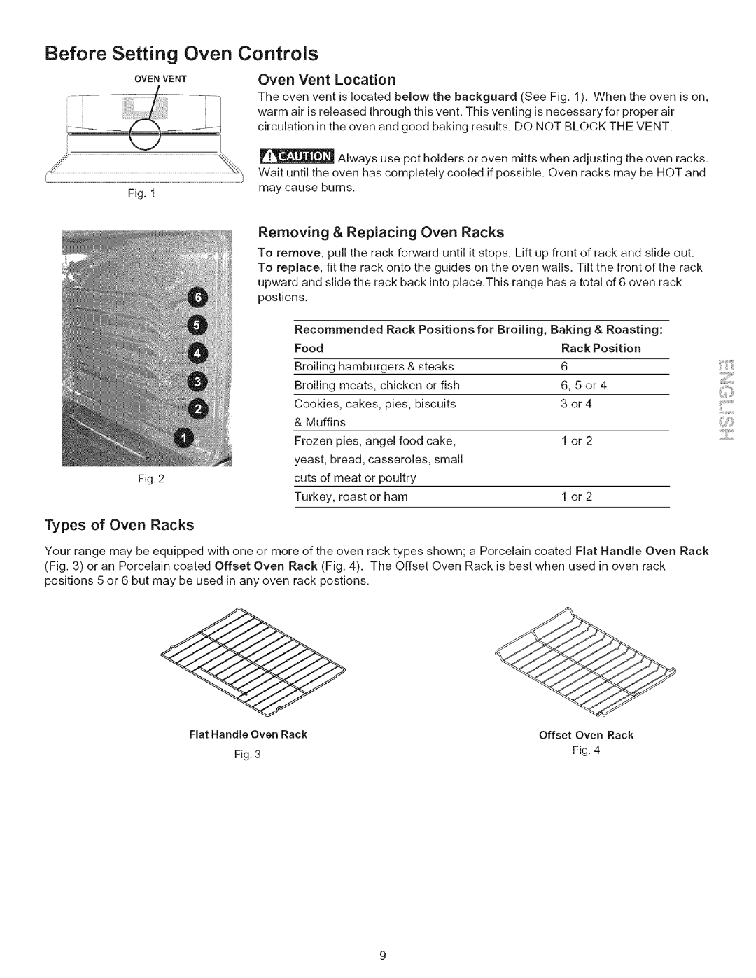 Kenmore 790.7943 manual Before Setting Oven Controls, Oven Vent Location, Removing, Replacing, Types of Oven Racks 
