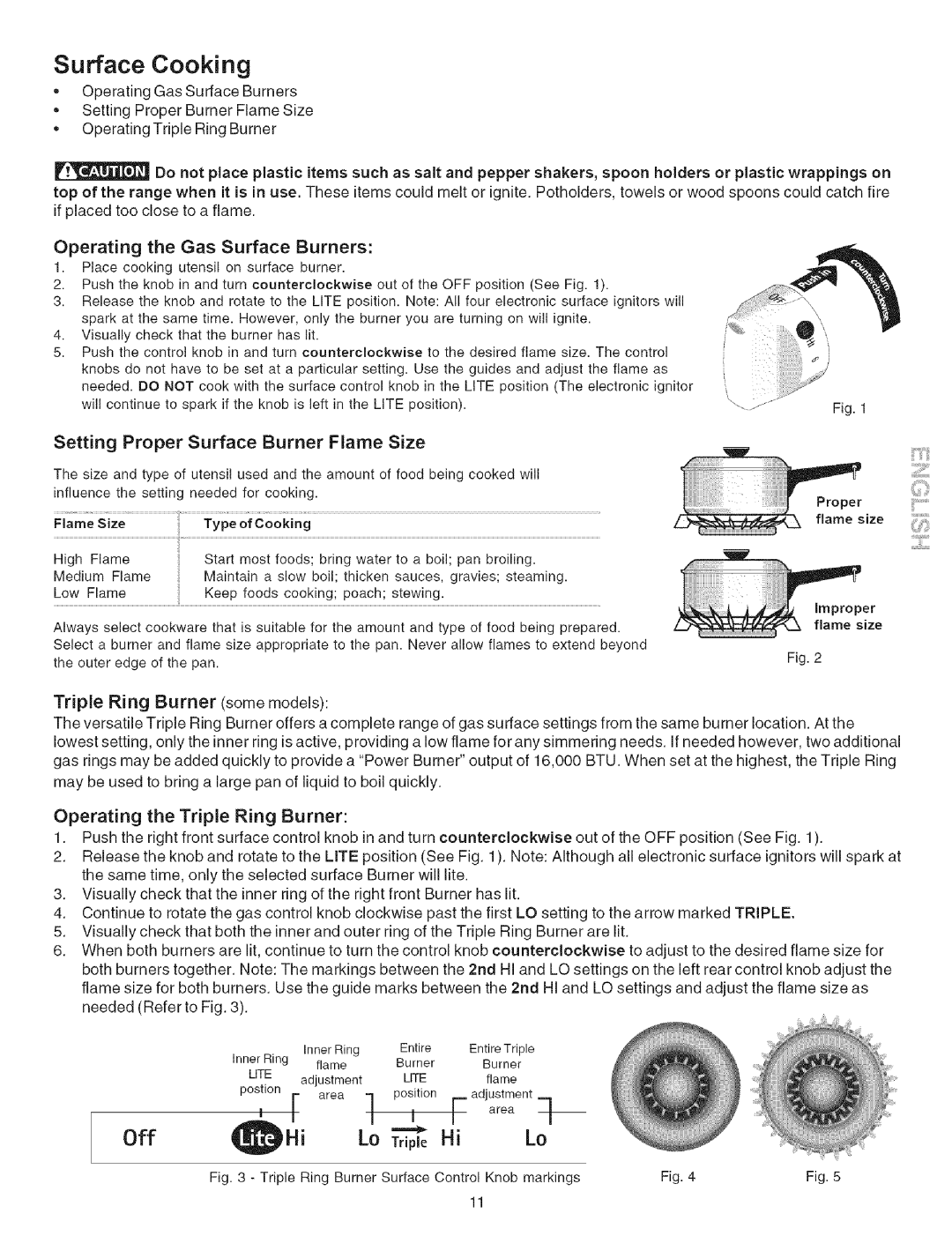 Kenmore 790.7942, 790.7944 Surface Cooking, Operating the Gas Surface Burners, Setting Proper Surface Burner Flame Size 