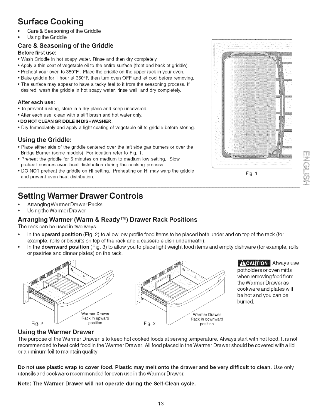 Kenmore 790.7942, 790.7944 manual Setting Warmer Drawer Controls, Care & Seasoning of the Griddle, Using the Griddle 