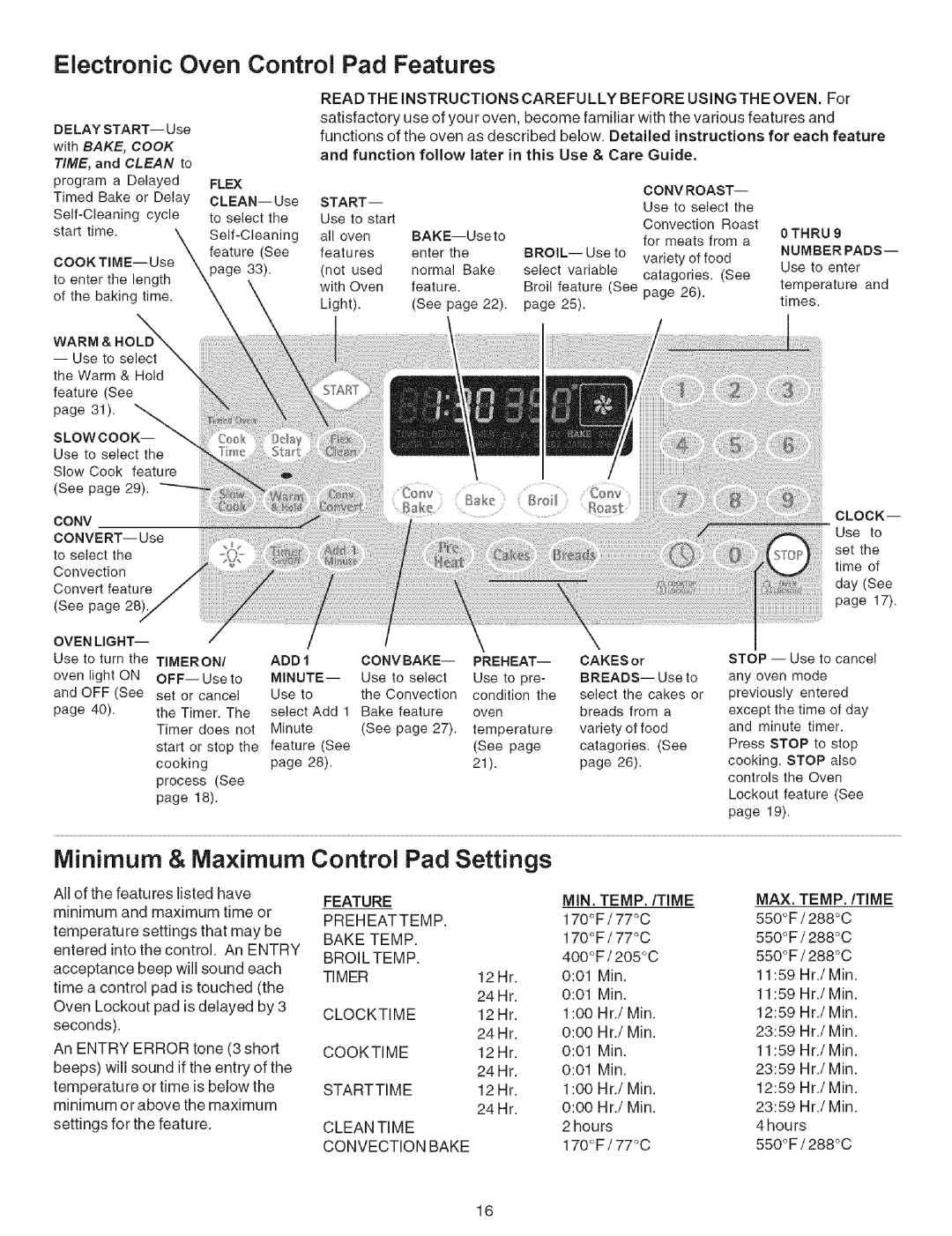 Kenmore 790.7944, 790.7942 manual Electronic Oven Control Pad Features, Minimum & Maximum, Control Pad Settings 