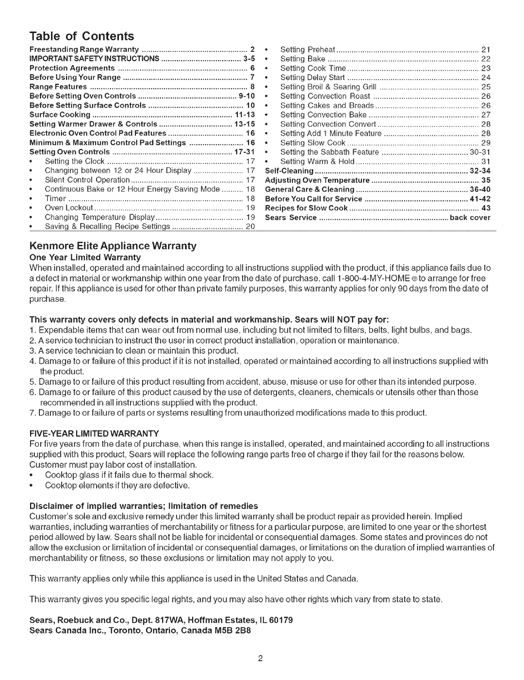 Kenmore 790.7944, 790.7942 manual Contents 