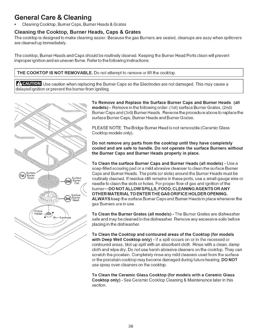 Kenmore 790.7944, 790.7942 manual Cleaning the Cooktop, Burner Heads, Caps & Grates 