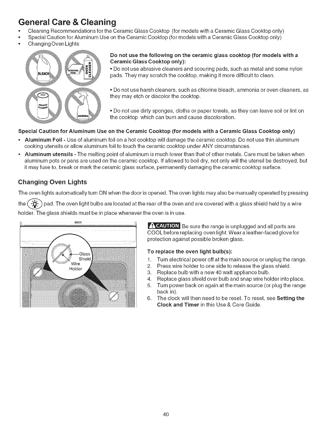 Kenmore 790.7944, 790.7942 manual Changing Oven Lights, Ceramic Glass Cooktop only 