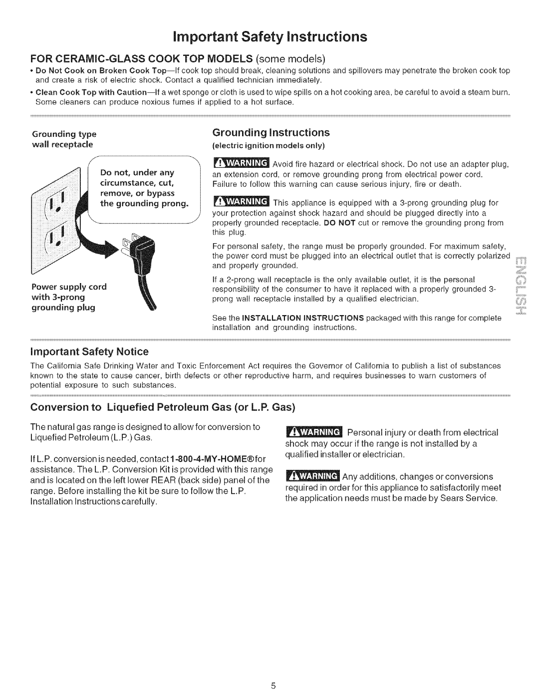 Kenmore 790.7942, 790.7944 For CERAMIC-GLASS Cook TOP Models some models, Grounding Instructions, Important Safety Notice 