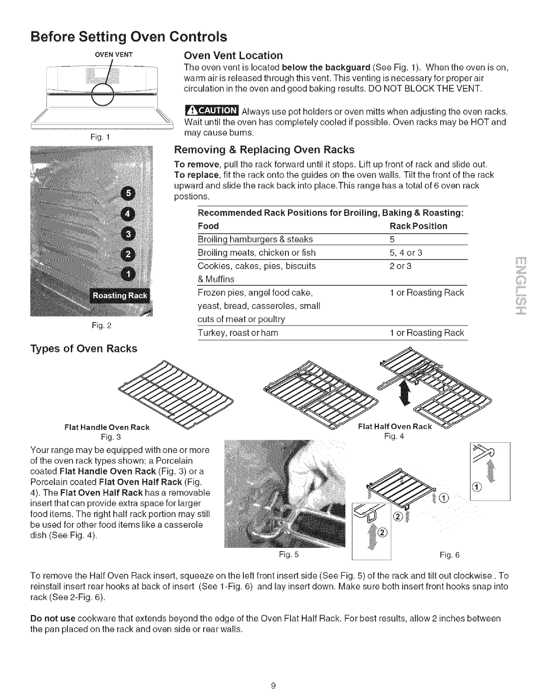 Kenmore 790.7942 Before Setting Oven Controls, Oven Vent Location, Removing & Replacing Oven Racks, Types of Oven Racks 