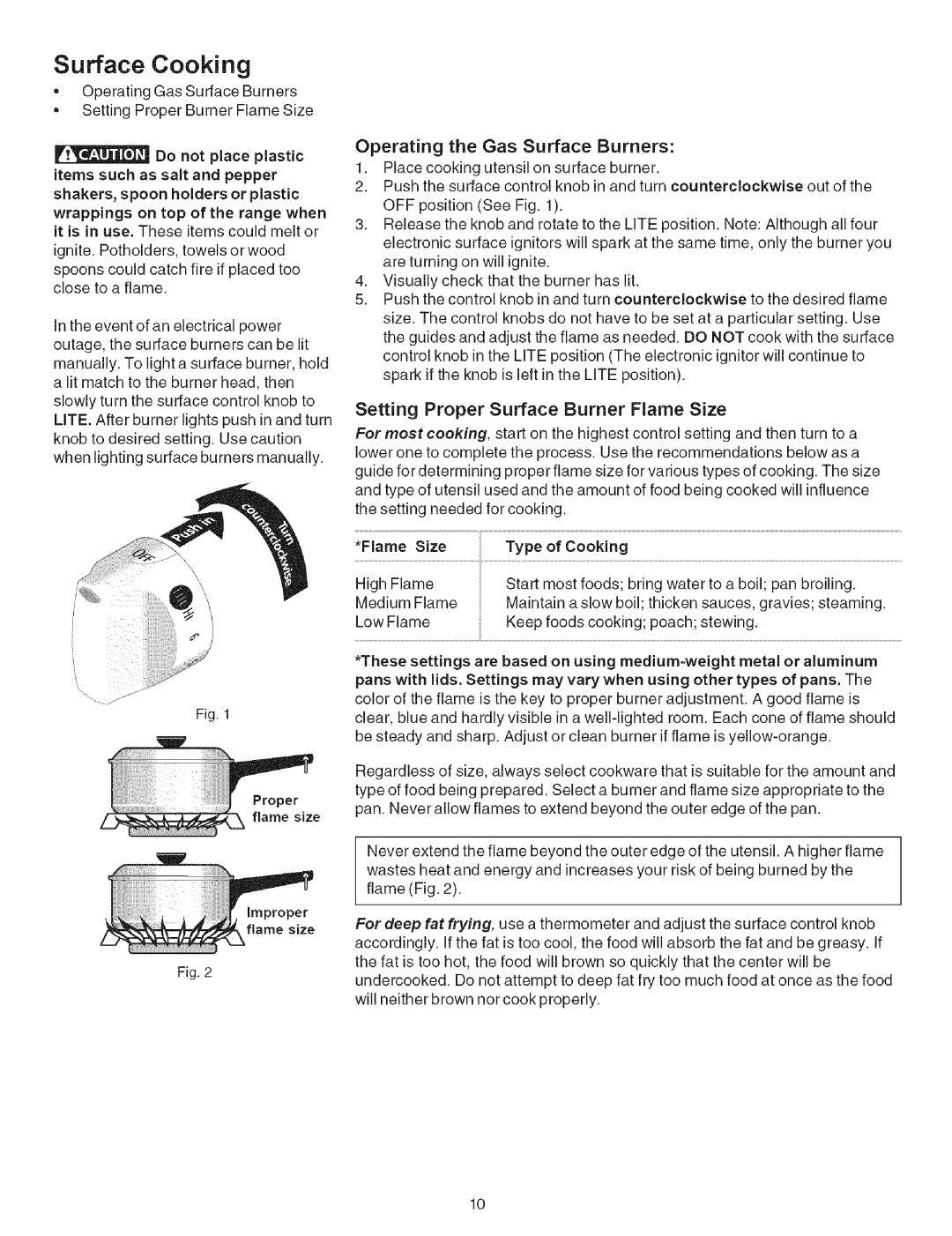 Kenmore 790.7946 manual Surface Cooking, Setting Proper Surface Burner Flame Size, Do not place plastic 