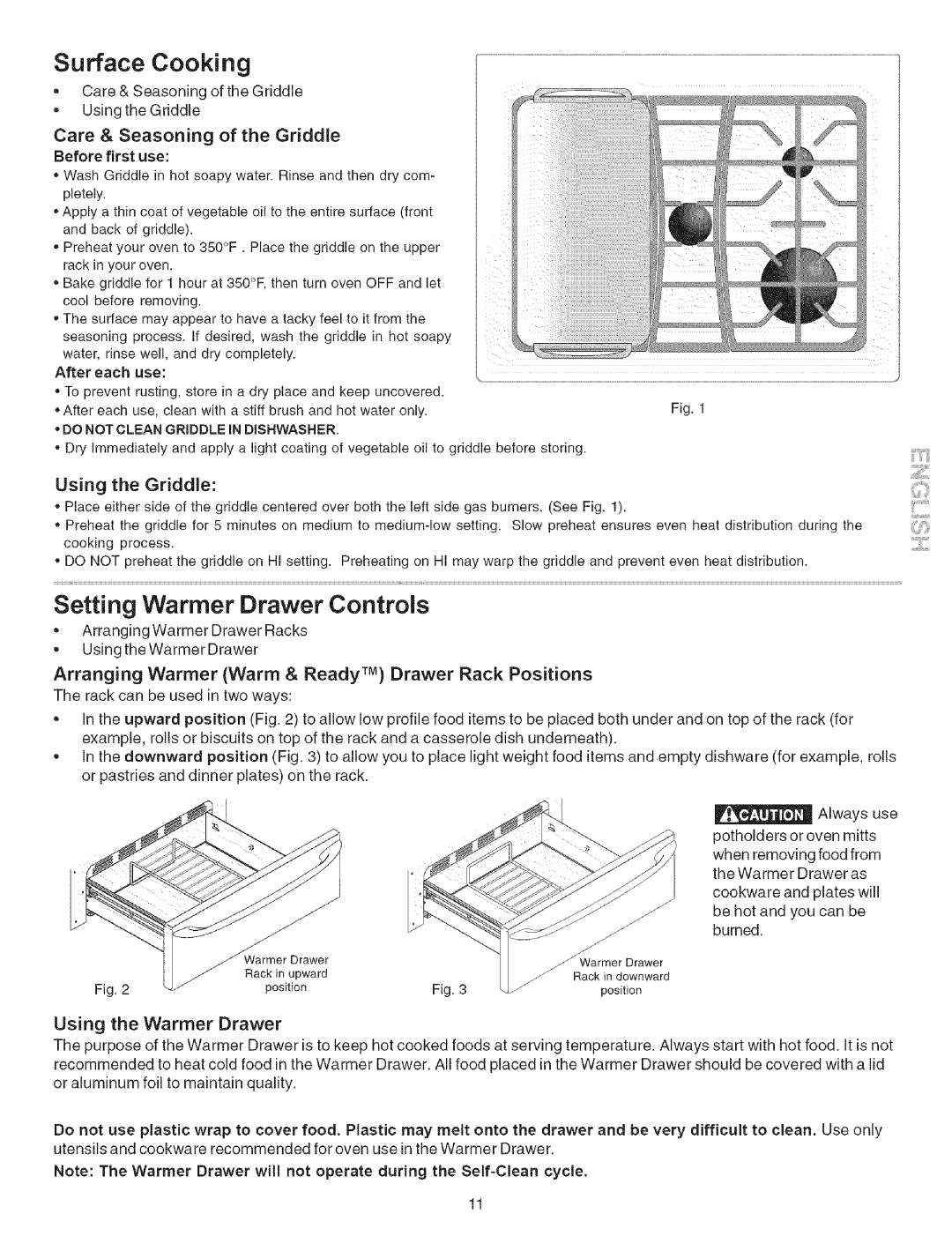 Kenmore 790.7946 manual Setting Warmer Drawer Controls, Care & Seasoning Griddle, Using Griddle 