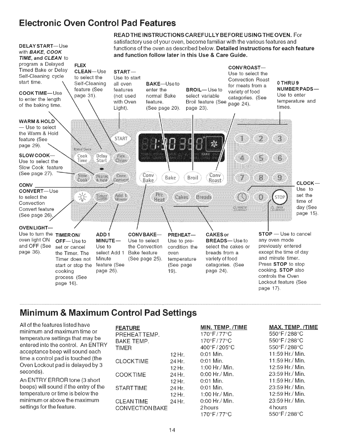 Kenmore 790.7946 manual Electronic Oven Control Pad Features, Minimum & Maximum Control Pad Settings 