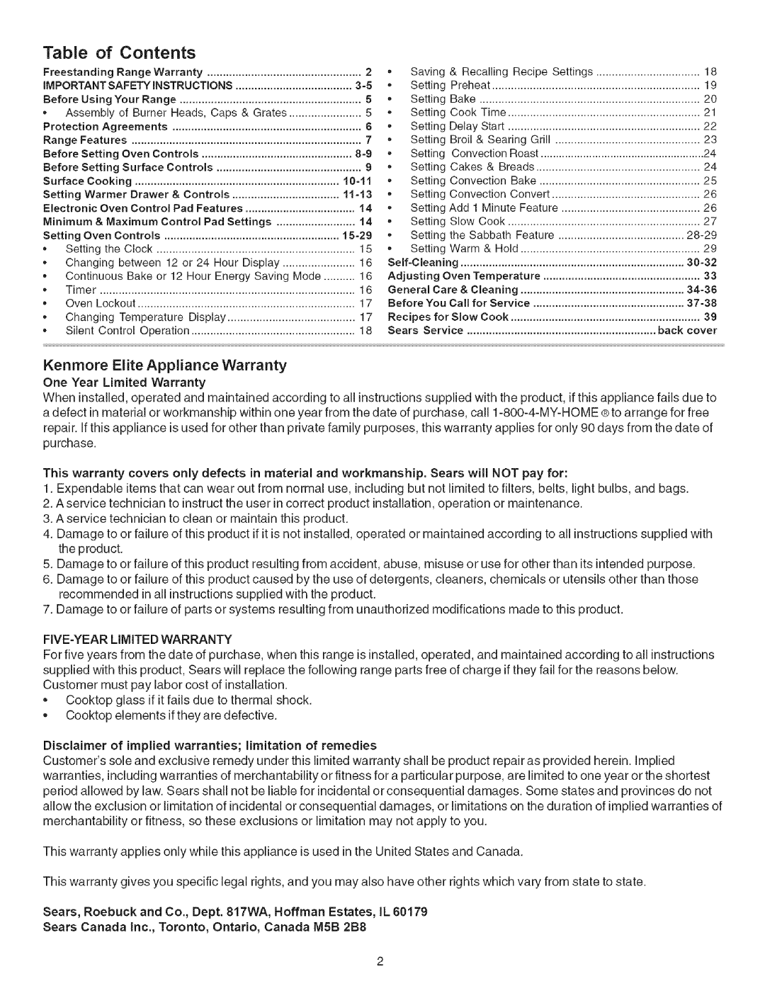 Kenmore 790.7946 manual Contents 