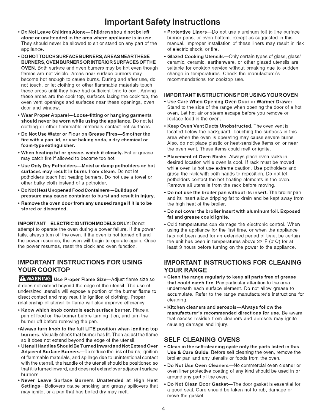 Kenmore 790.7946 manual important Safety instructions, Important Instructions For Using Your Cooktop, Self Cleaning Ovens 